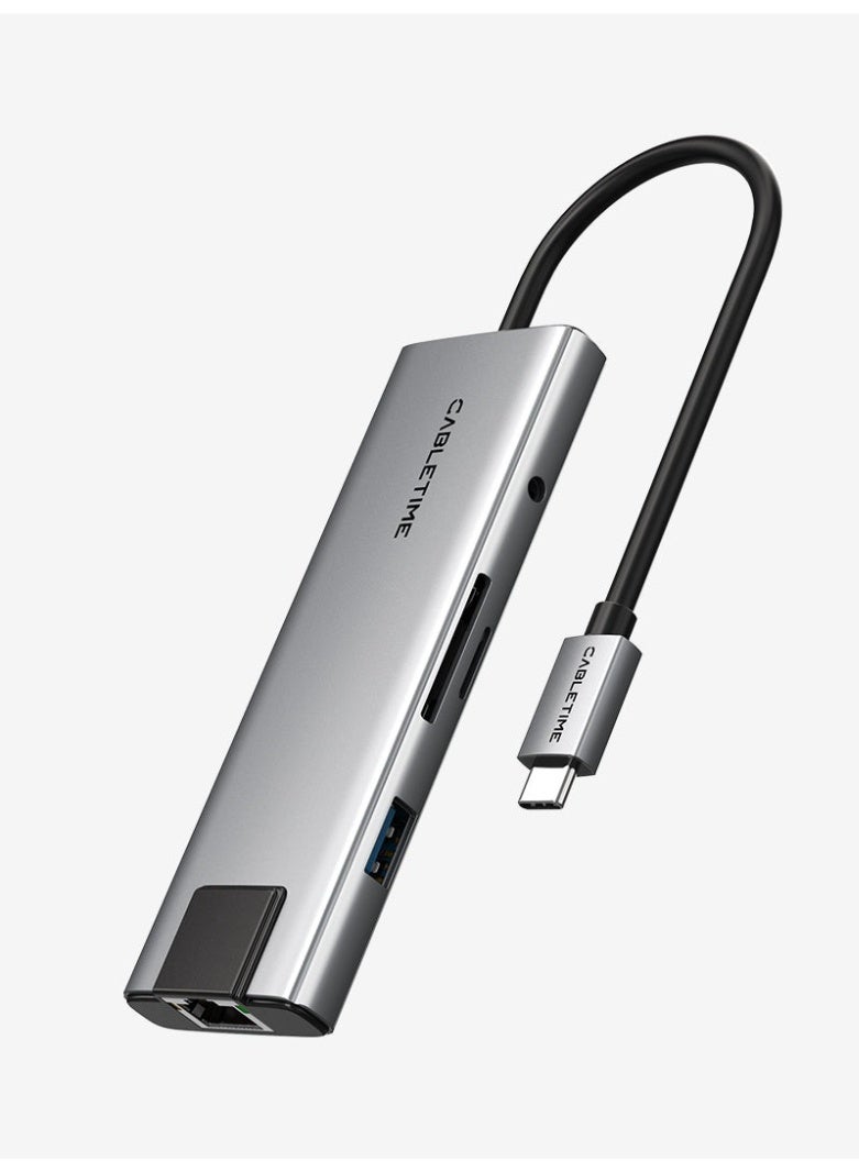 كابل تايم موزع USB-C 9 في 1 مع منفذ HDMI بدقة 4K، منفذ شحن، منفذ إيثرنت، منفذ صوت - Image 1
